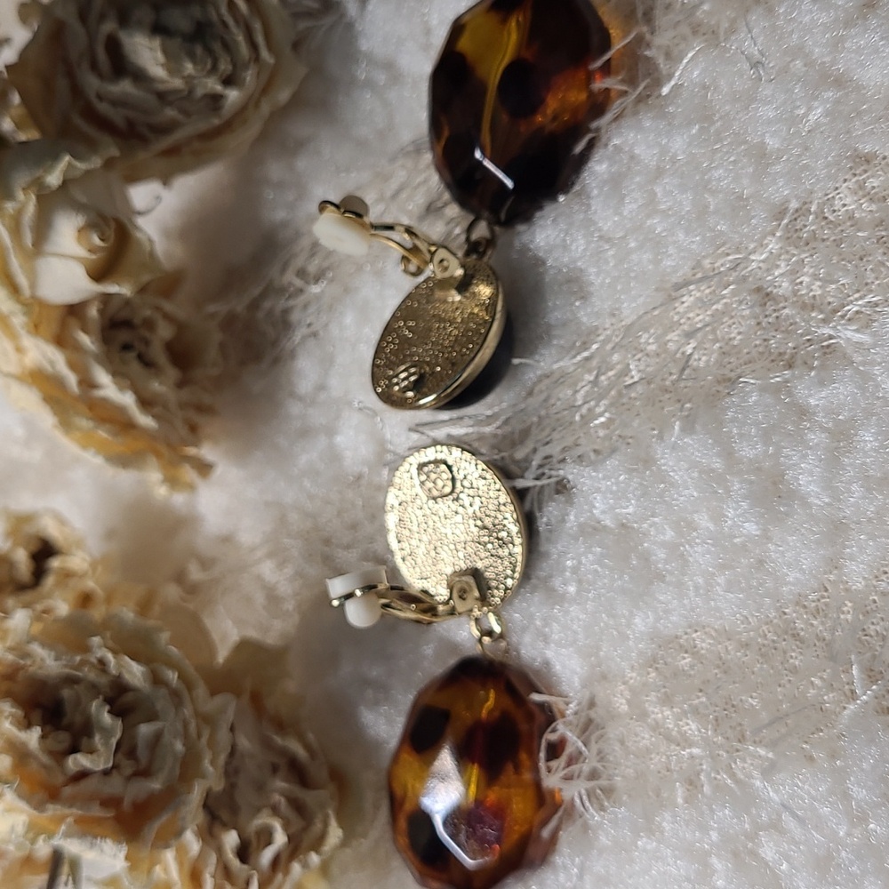 Dangle Drop Earrings Tiger Eye Chunky Clip On Amber Black Goldtone Statement - Picture 3 of 6